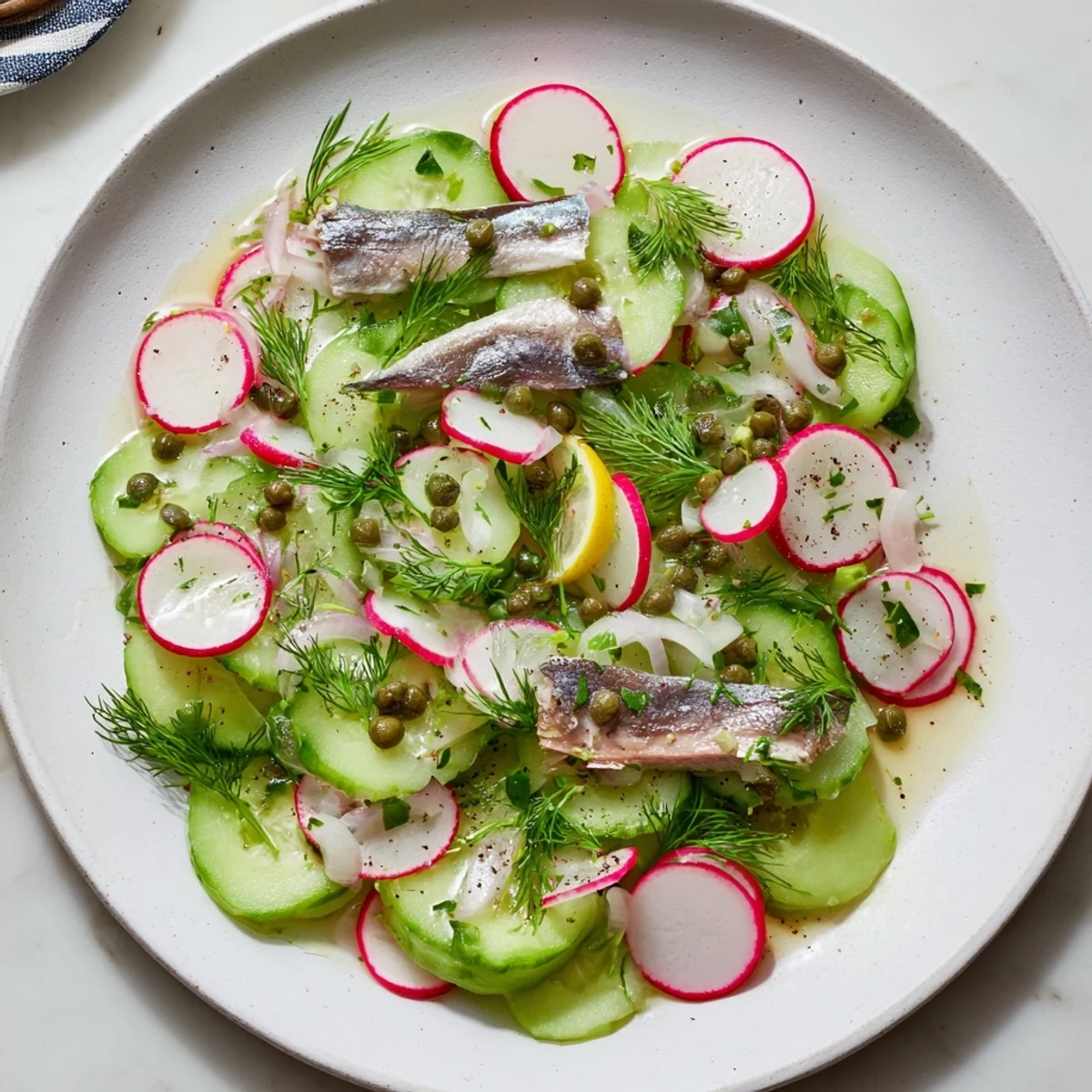 Crisp cucumber and creamy avocado compose the Cucumber and Tinned Fish Date Night Salad, a vibrant dish.