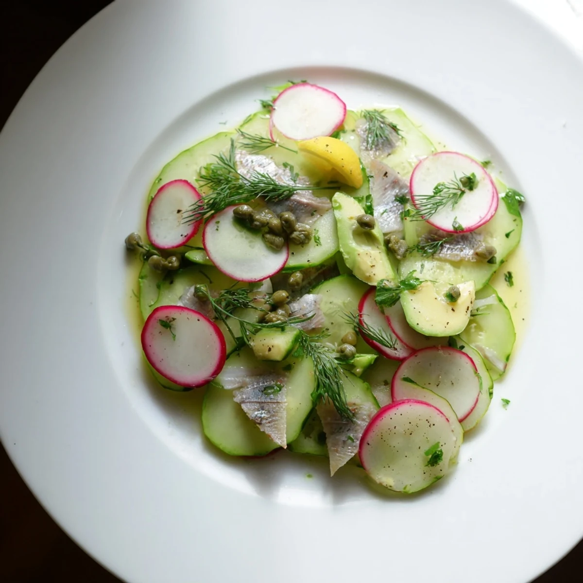 A colorful Cucumber and Tinned Fish Date Night Salad, ready with sardines and fresh herbs, perfect for sharing.