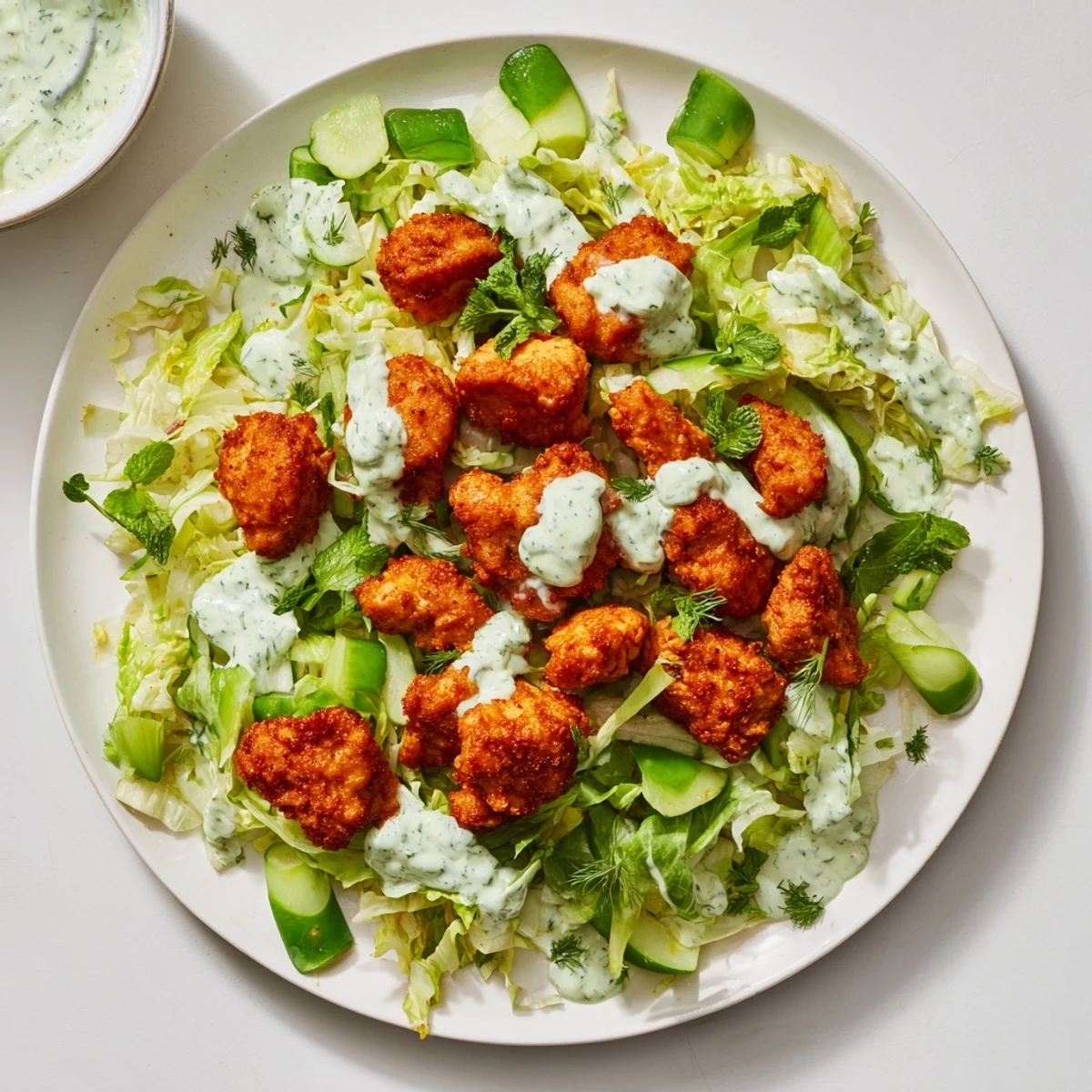 Close-up of a Green Goddess Nugget Salad, showing golden, crispy nuggets atop vibrant greens.