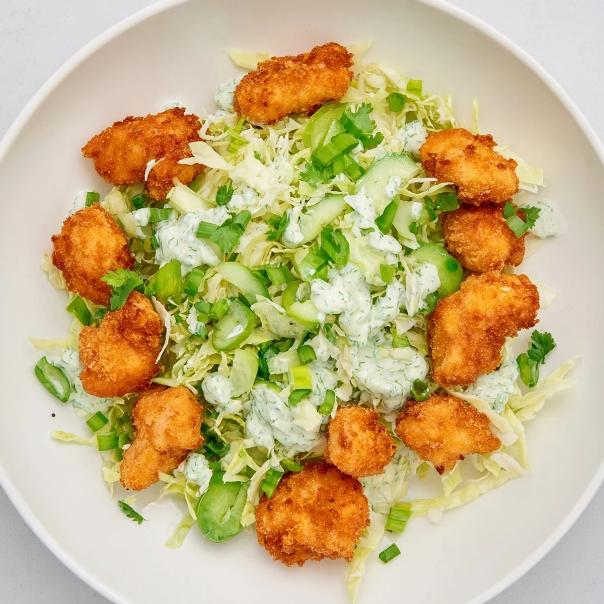 Air-fried chicken nuggets scattered over a bed of green salad with creamy Green Goddess dressing.