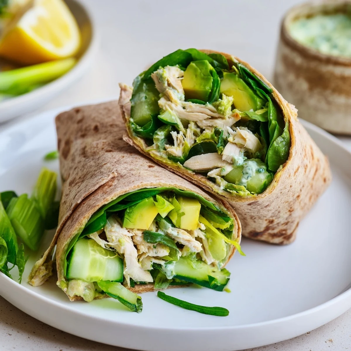 Vibrant Green Goddess Wellness Wrap with juicy chicken, wrapped tightly in a whole wheat tortilla.