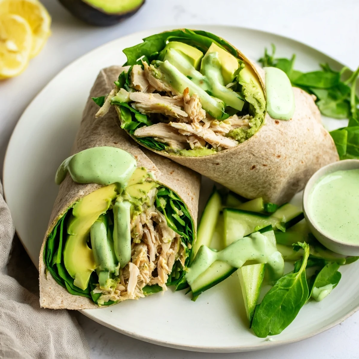 Freshly assembled Green Goddess Wellness Wraps, showcasing creamy avocado and a bright, flavorful dressing.