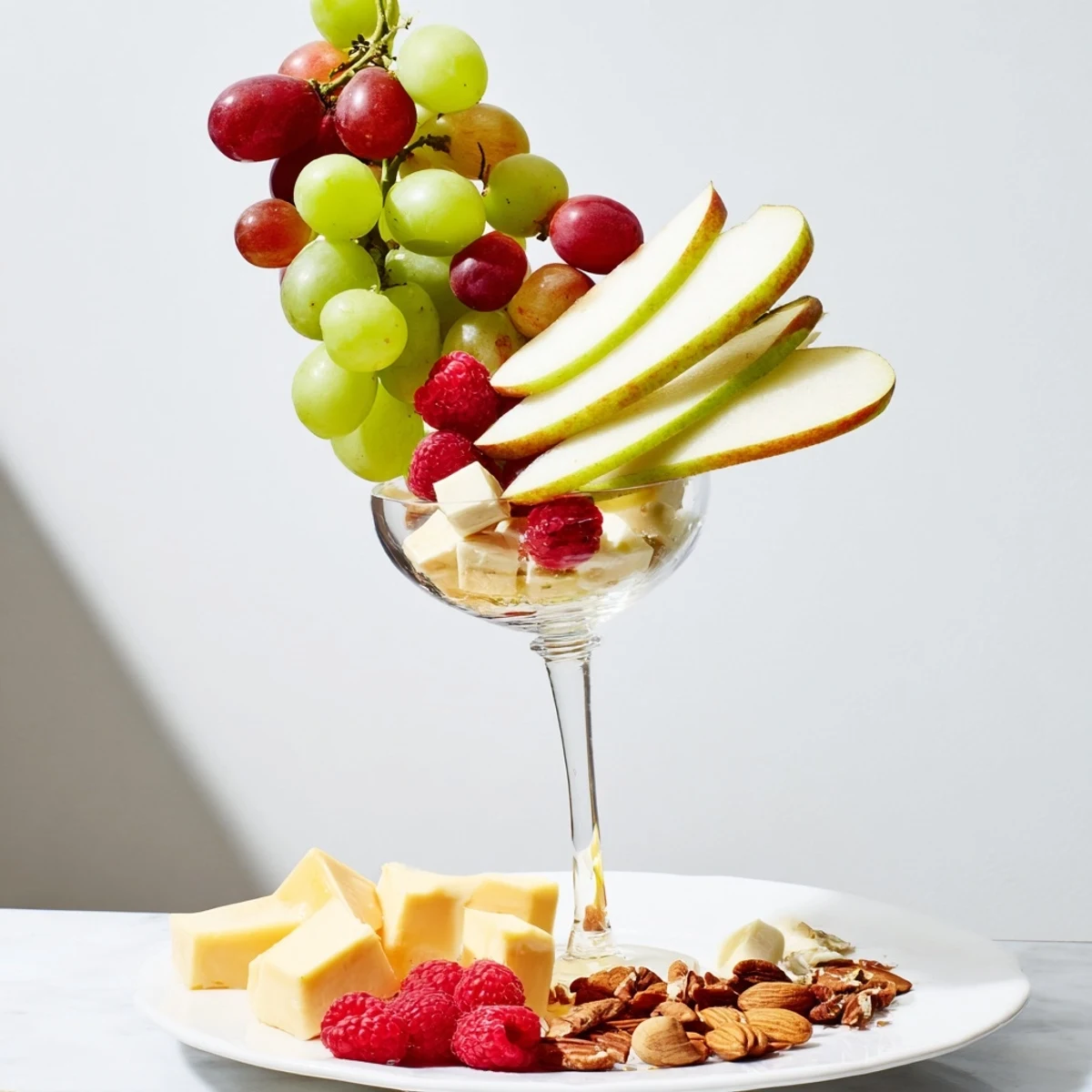 Beautiful Champagne Waterfall Board with overflowing grapes, cheeses, and fruits ready to serve.