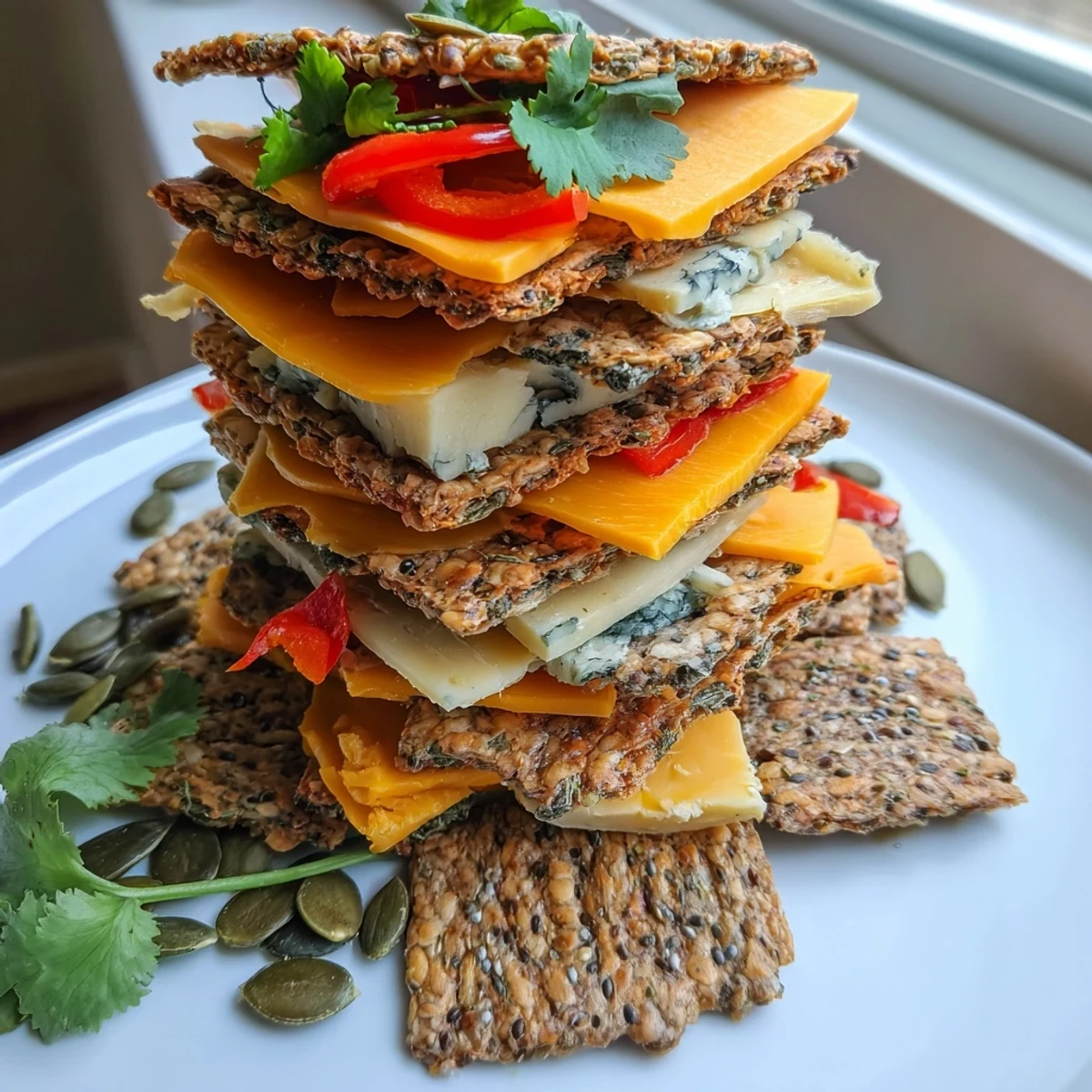 The Southwest Mesa appetizer: cheese and cracker towers garnished with colorful peppers.