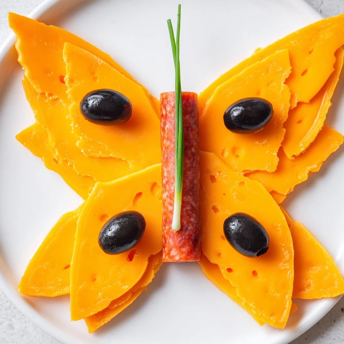 A colorful platter of The Butterfly Migration appetizer, with cheese wings and salami body.