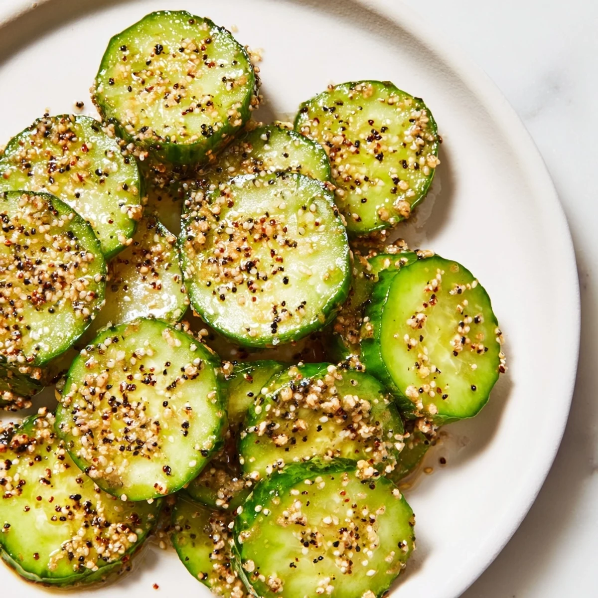 Fresh Cucumber Shaker with everything bagel seasoning, bright green, crunchy, and ready to enjoy.