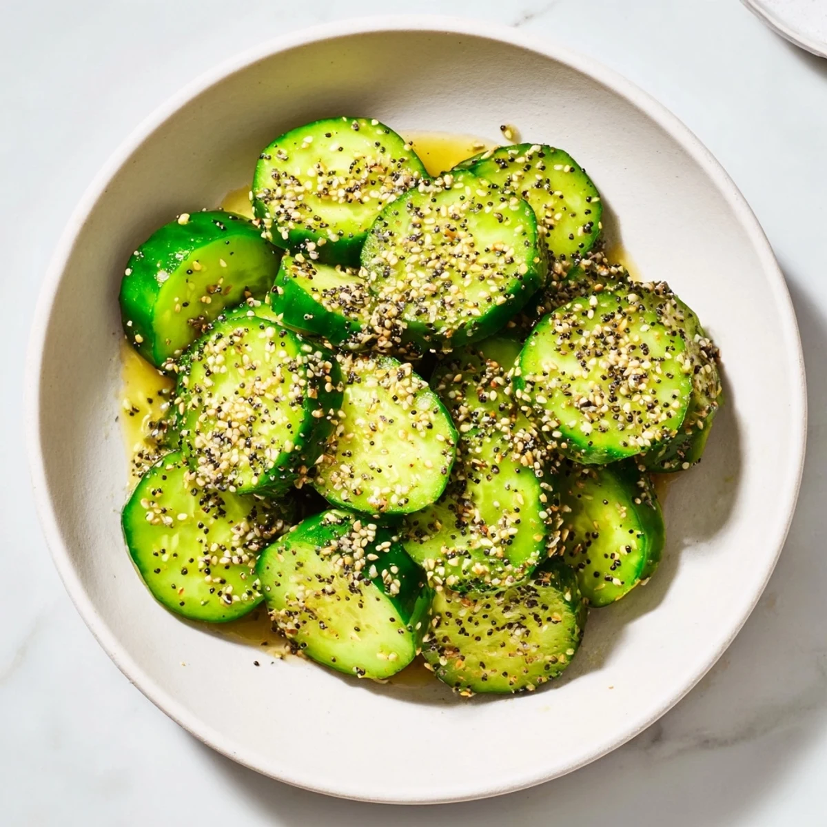 Quick and easy Cucumber Shaker with everything bagel seasoning, served chilled for a refreshing snack.