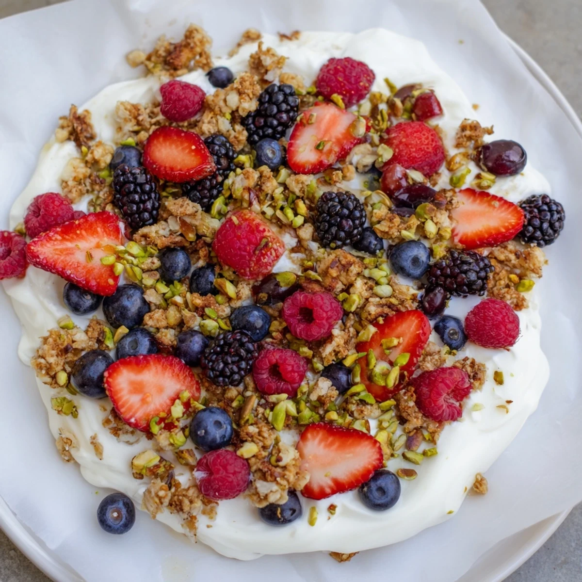 A colorful photo of creamy Berry Yogurt Bark topped with fresh berries and crunchy granola.