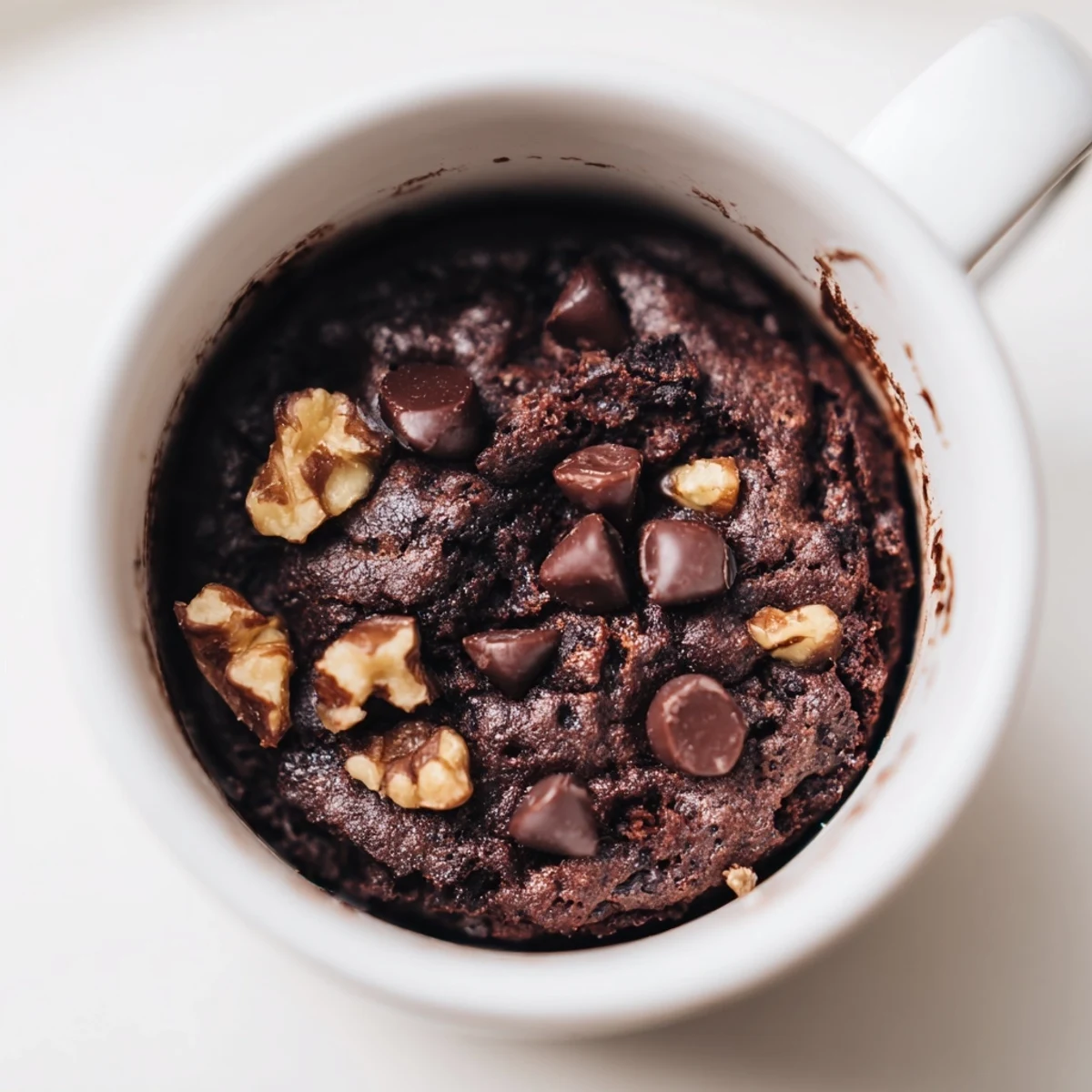 Steaming, fudgy 2-minute mug brownie, topped with melting chocolate chips, ready to enjoy.