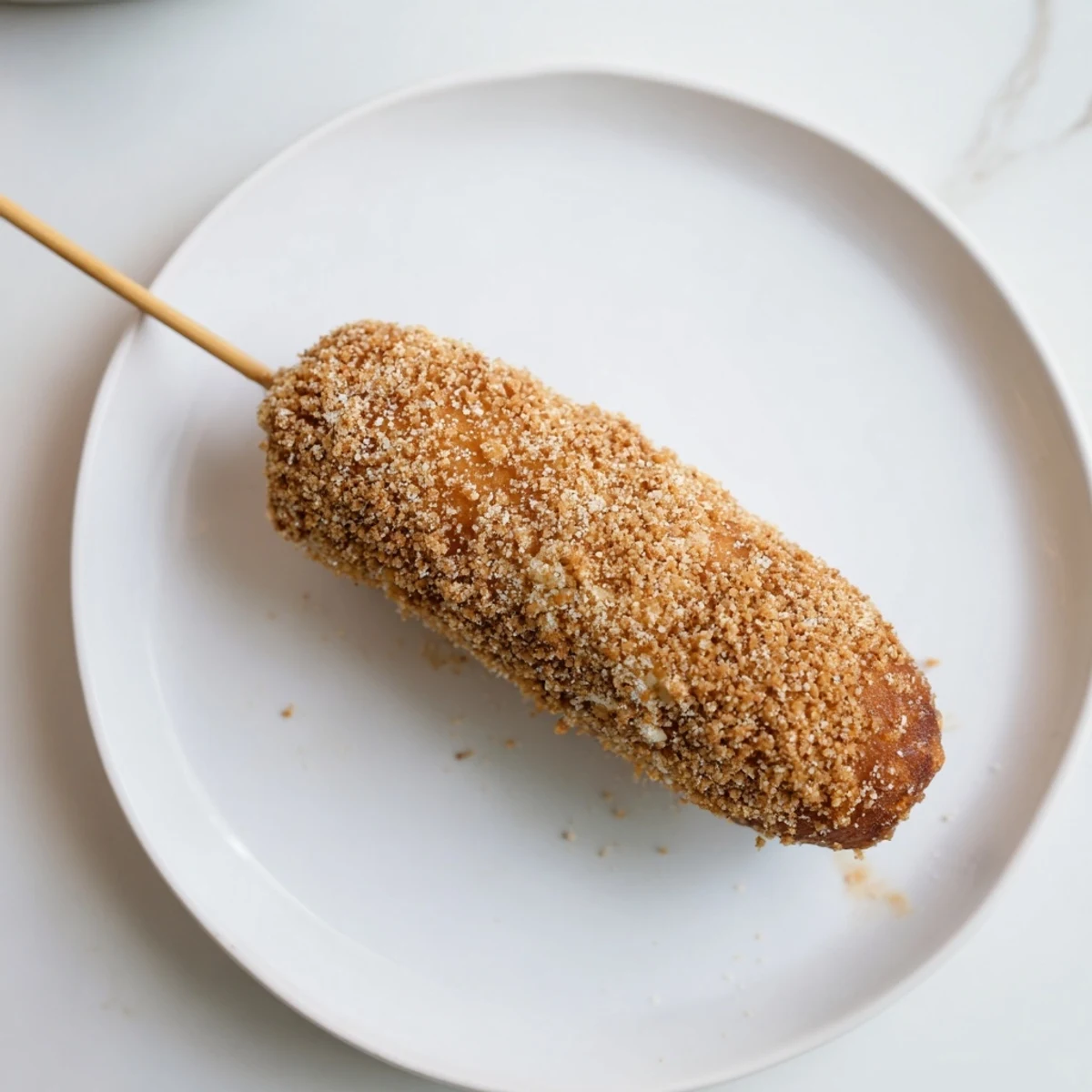 A close-up of freshly fried Korean corn dogs, dusted lightly with sugar and served hot.