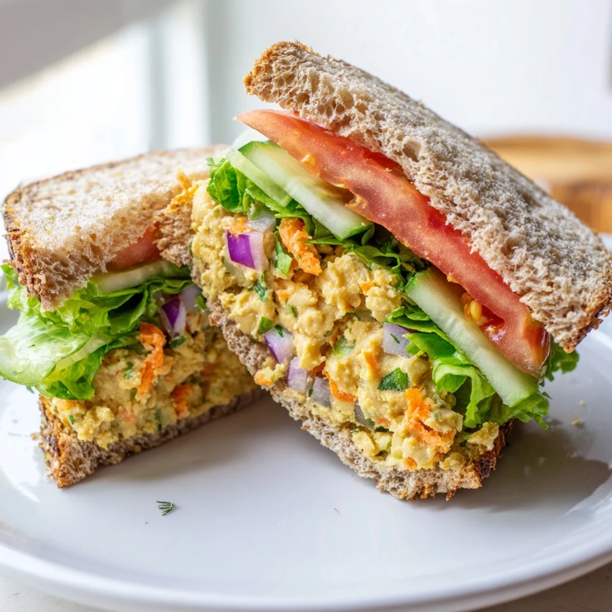 Close-up of a delicious Easy Chickpea Salad Sandwich, creamy filling overflowing from the bread.