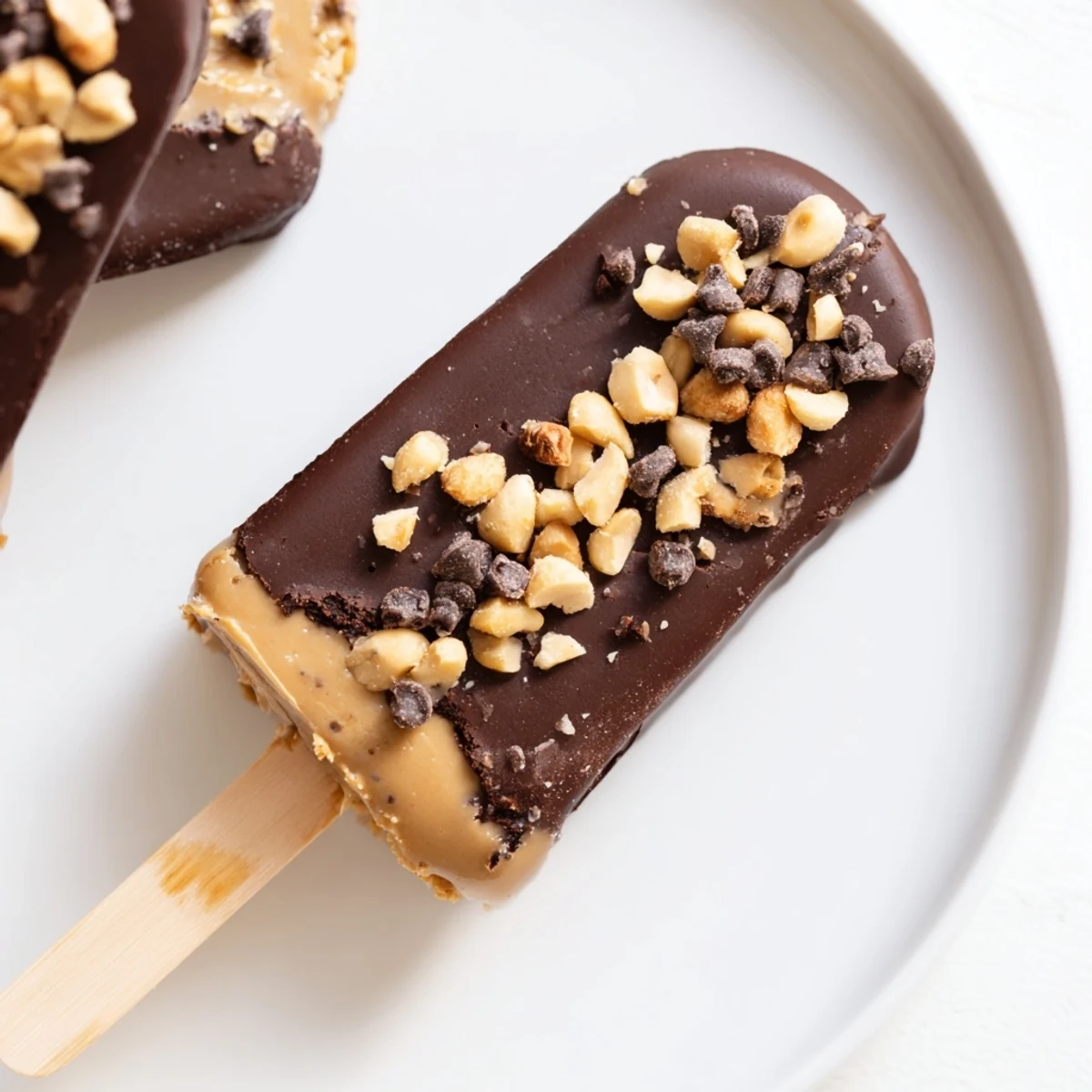 Frozen Banana Chocolate Pops, richly dark chocolate covering peanut butter and banana halves, ready to eat.