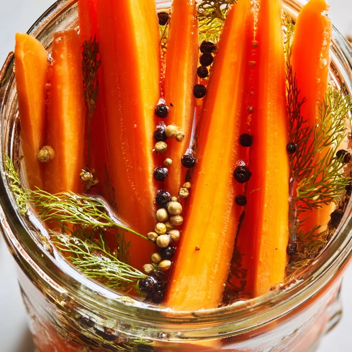 Crisp, bright orange Quick Pickled Carrot Spears arranged in a jar, perfect with sandwiches or salads.