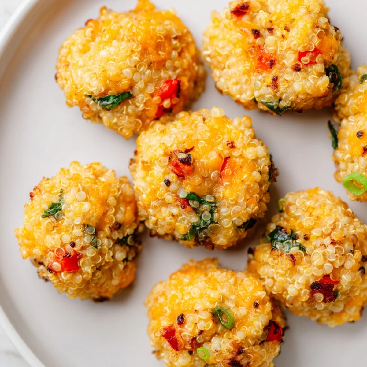 Golden-brown Baked Cheddar Quinoa Bites: Cheesy, savory, and perfect mini muffins for a tasty snack.