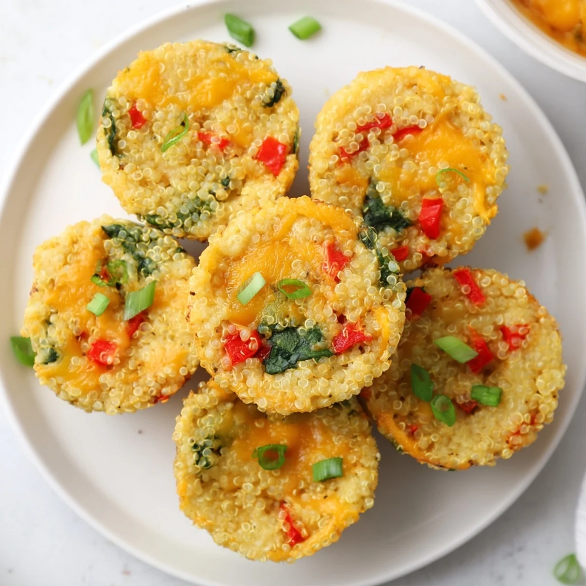 Enjoy a close-up of delicious Baked Cheddar Quinoa Bites filled with cheese and veggies, a perfect gluten-free treat.