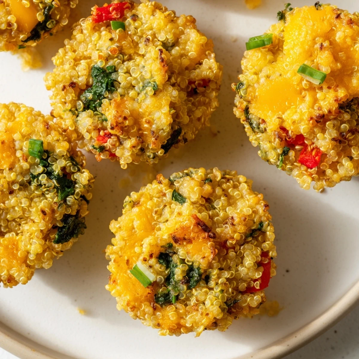 Baked Cheddar Quinoa Bites feature fluffy quinoa, melting cheddar, with a baked golden-brown crust, ready to serve.