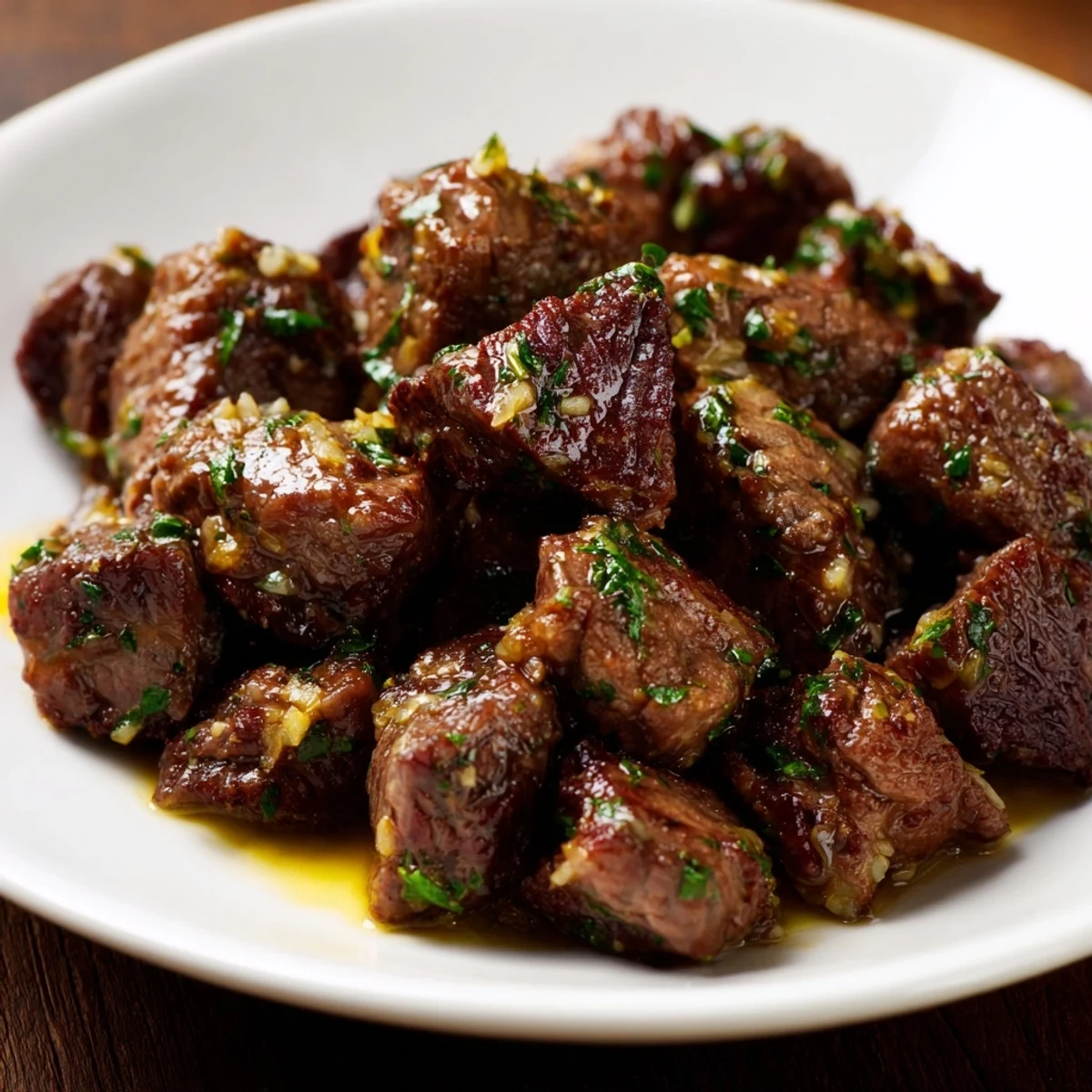 Golden, air-fryer garlic-butter steak bites, glistening with savory sauce, perfect for a quick dinner.