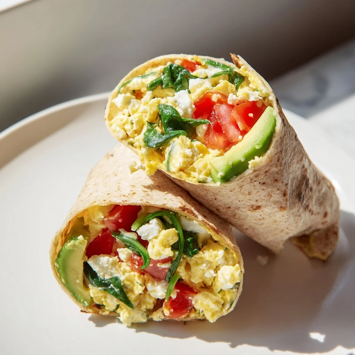 Feta egg wrap filled with creamy eggs, vegetables, and feta cheese, ready to eat.