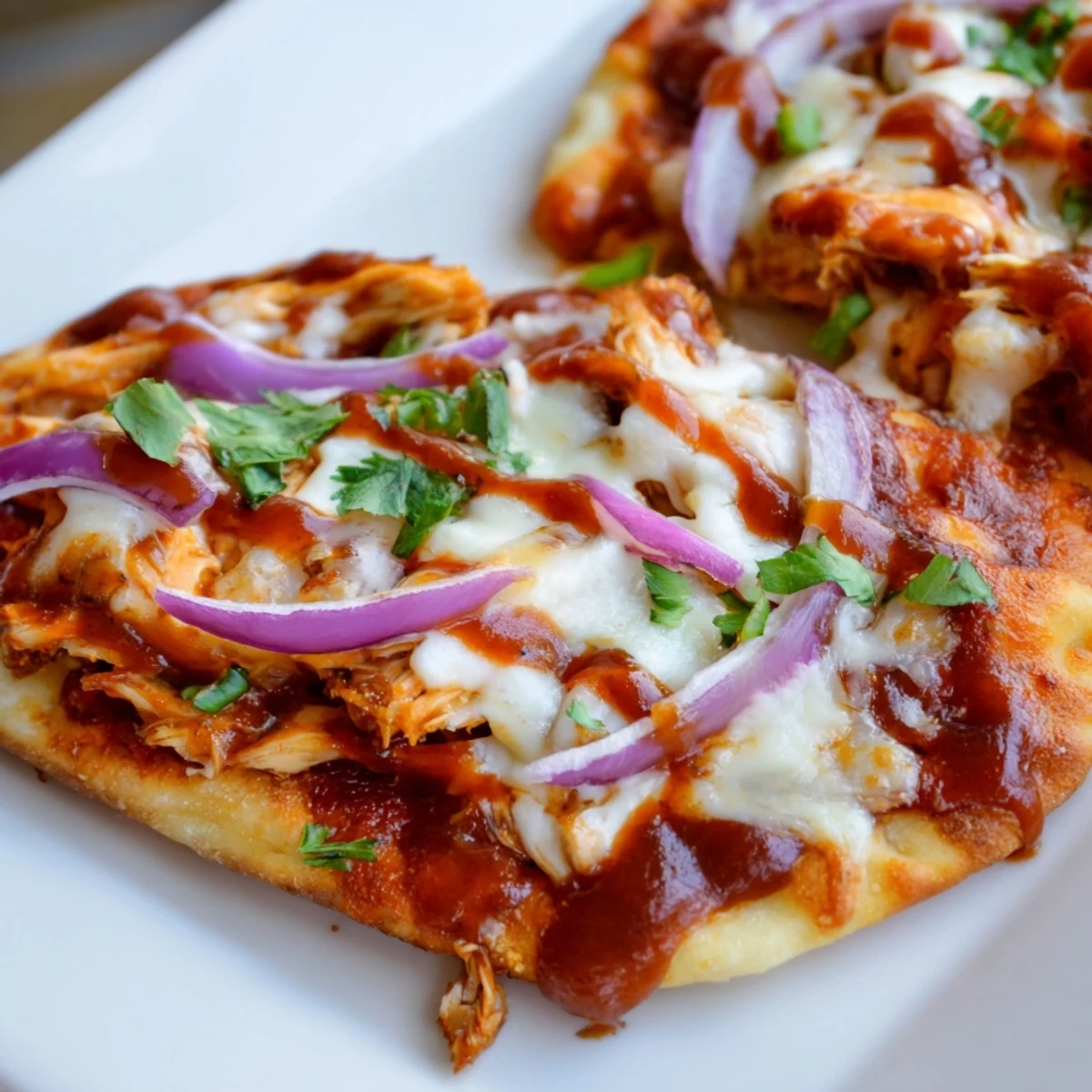BBQ Chicken Flatbread: A close-up of a golden, cheesy flatbread, ready to be sliced and enjoyed.