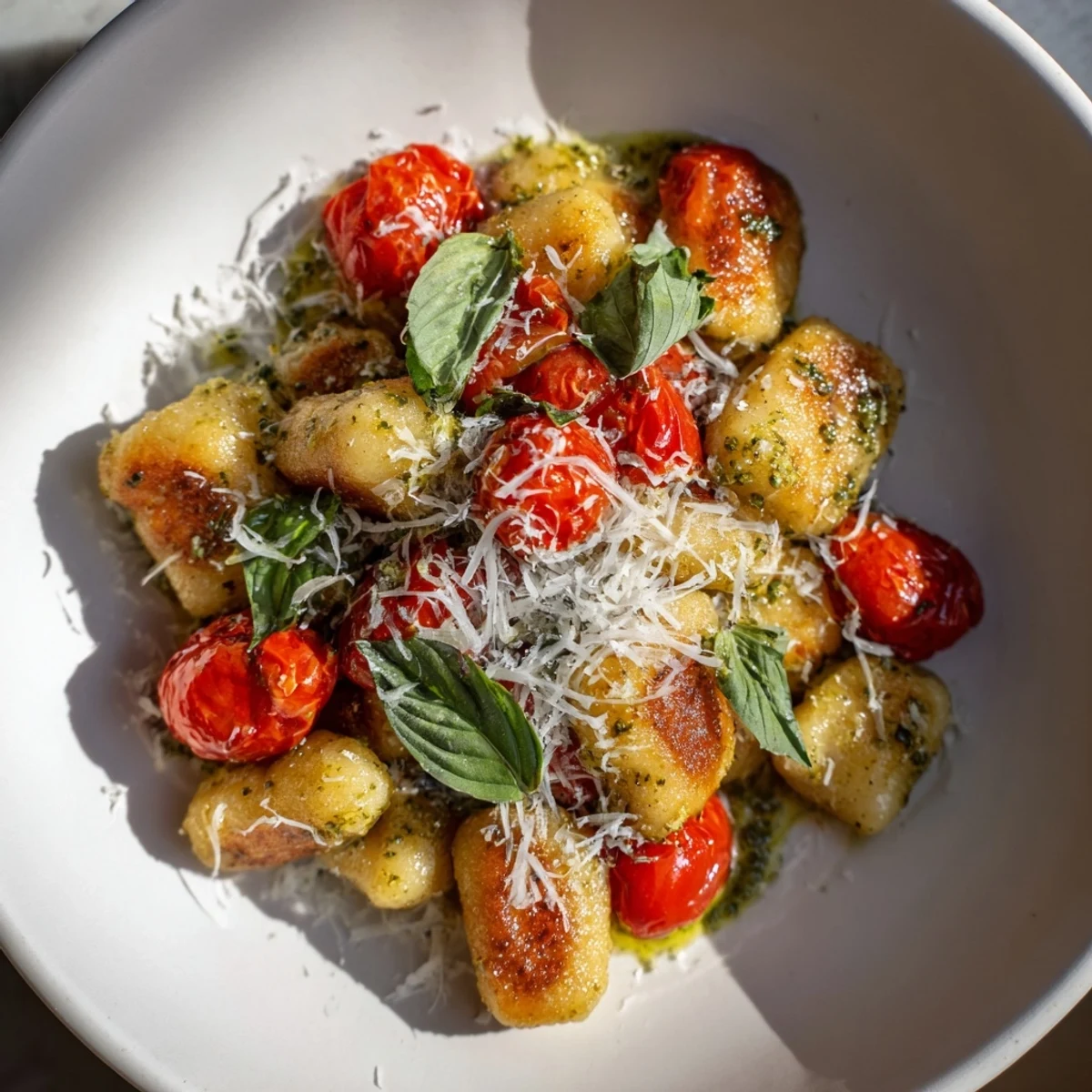 Vibrant photo of crispy gnocchi with pesto, a quick & easy vegetarian main dish, ready to be enjoyed.