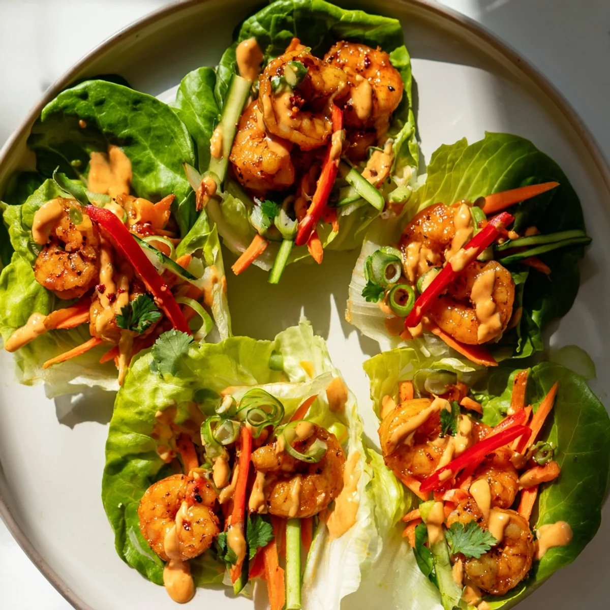 Vibrant photo of shrimp lettuce cups: Spicy shrimp and fresh veggies nestled in cool lettuce.