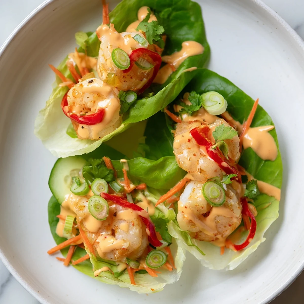 Delicious shrimp lettuce cups with colorful vegetables, ready to be drizzled with the zesty sauce.