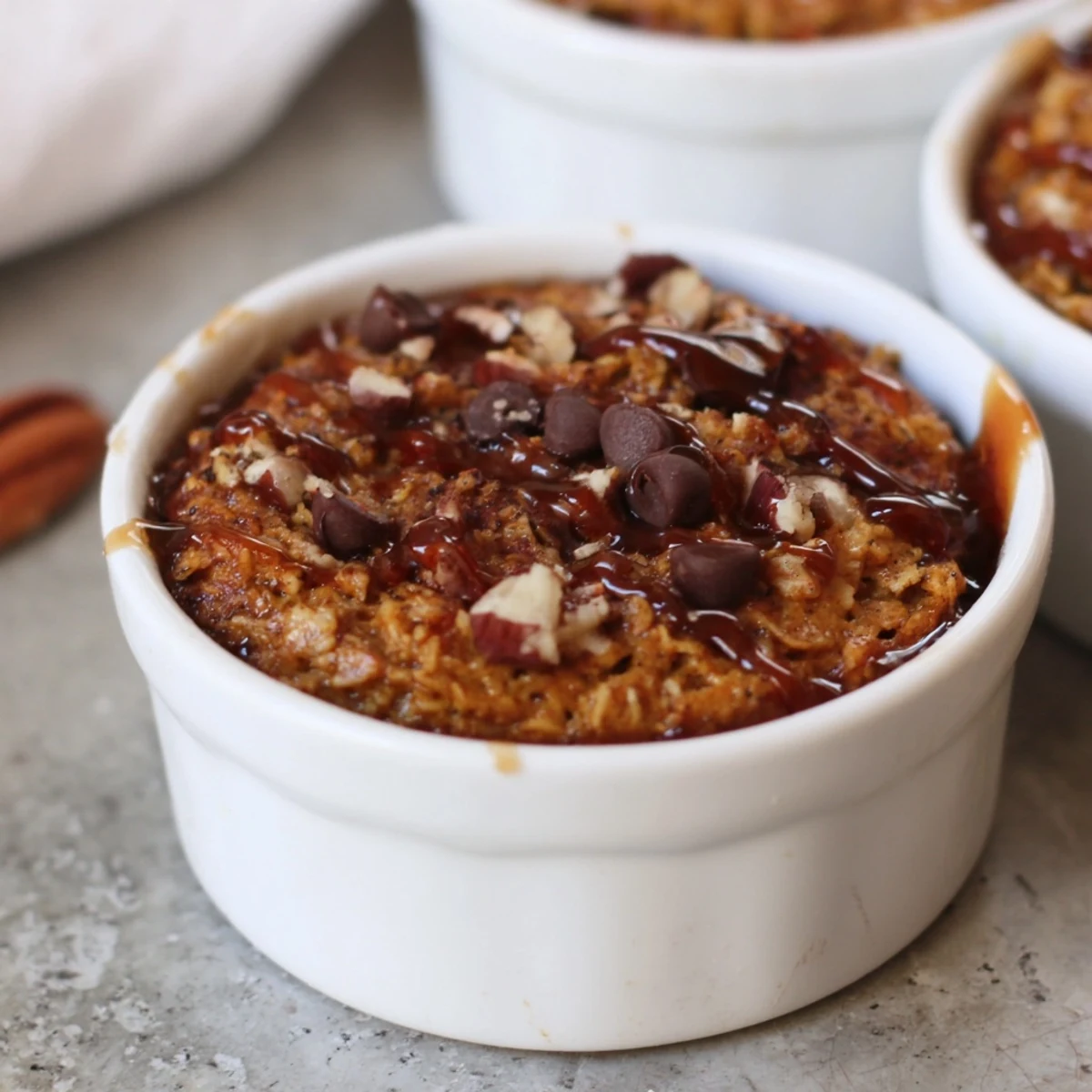 Golden baked Pumpkin Spice Baked Oats, speckled with nuts—a comforting fall breakfast ready to serve.
