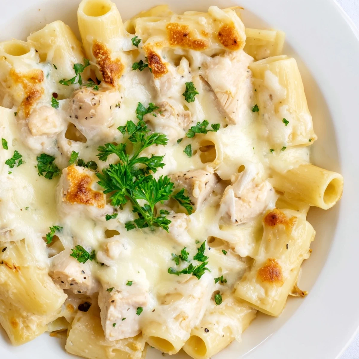 Golden, bubbly Chicken Alfredo Bake, with creamy sauce and tender chicken visible under cheese.