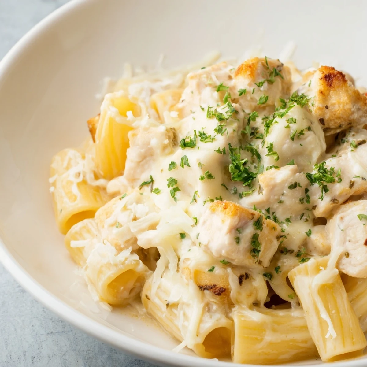 A steaming, cheesy Chicken Alfredo Bake, perfect comfort food, ready to be served hot.