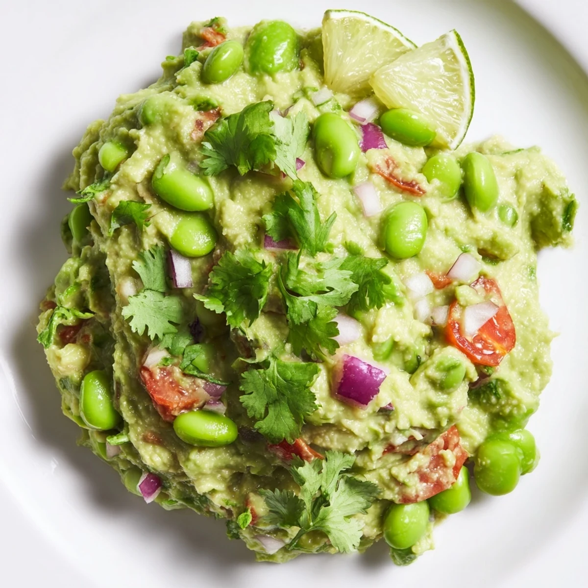 Creamy green Edamame Guacamole, speckled with red onion, ready to be scooped with tortilla chips.
