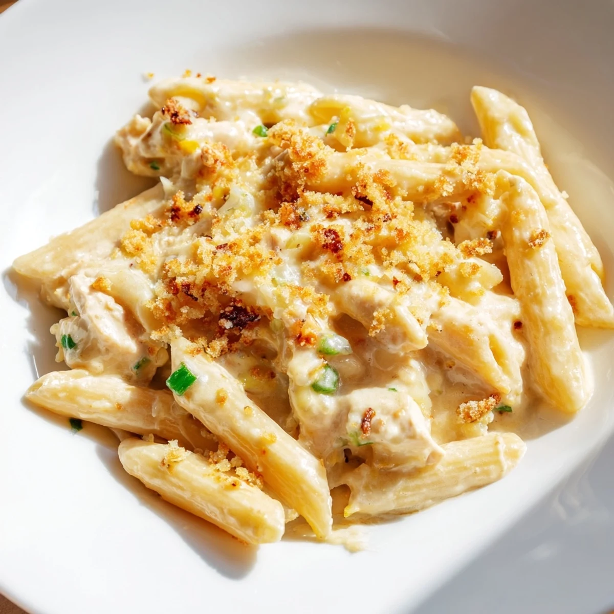 Creamy jalapeño popper chicken pasta topped with golden breadcrumbs, ready to serve with heat.