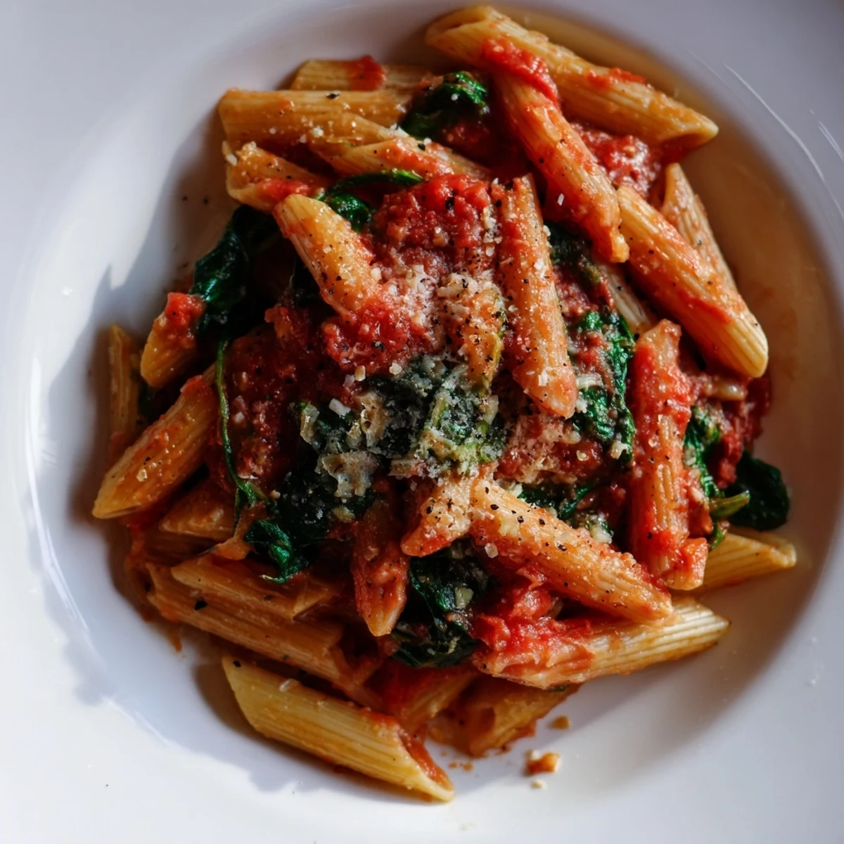 Delicious bowl of Quick Marinara Pasta with Spinach, ready to serve, a flavorful vegetarian Italian dinner option.