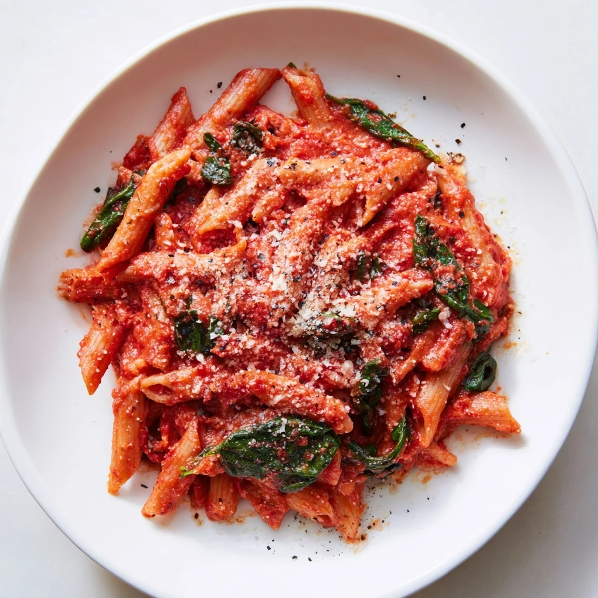 A close-up view of steaming Quick Marinara Pasta with Spinach, showcasing the vibrant red sauce and tender spinach.