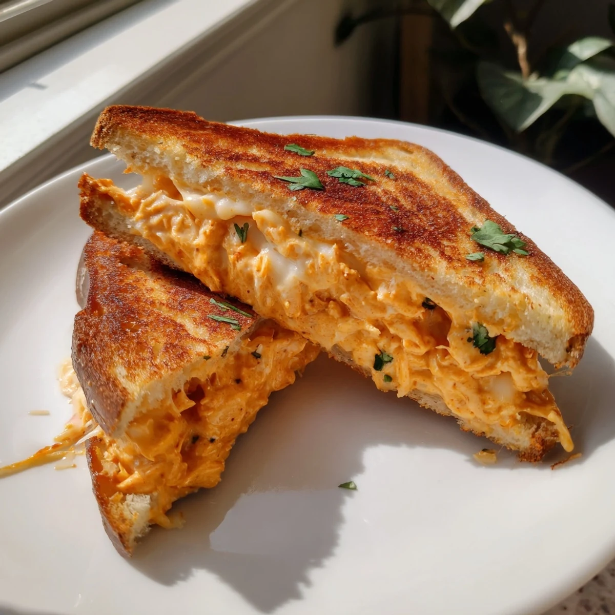 Golden, melty Savory Butter Chicken Grilled Cheese with a warm, spiced aroma, ready to devour.
