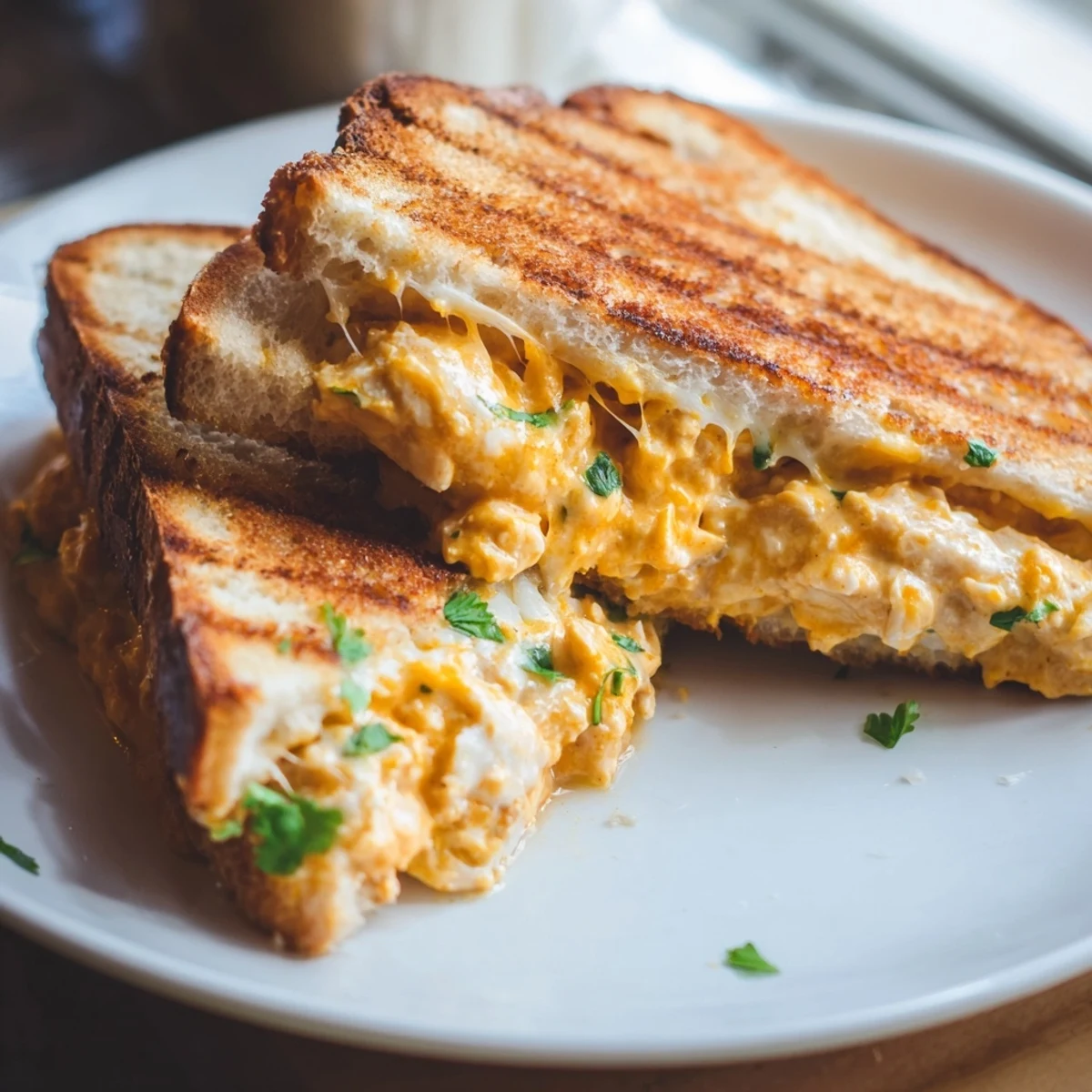 Gooey mozzarella and cheddar embrace the rich butter chicken in this grilled cheese sandwich.