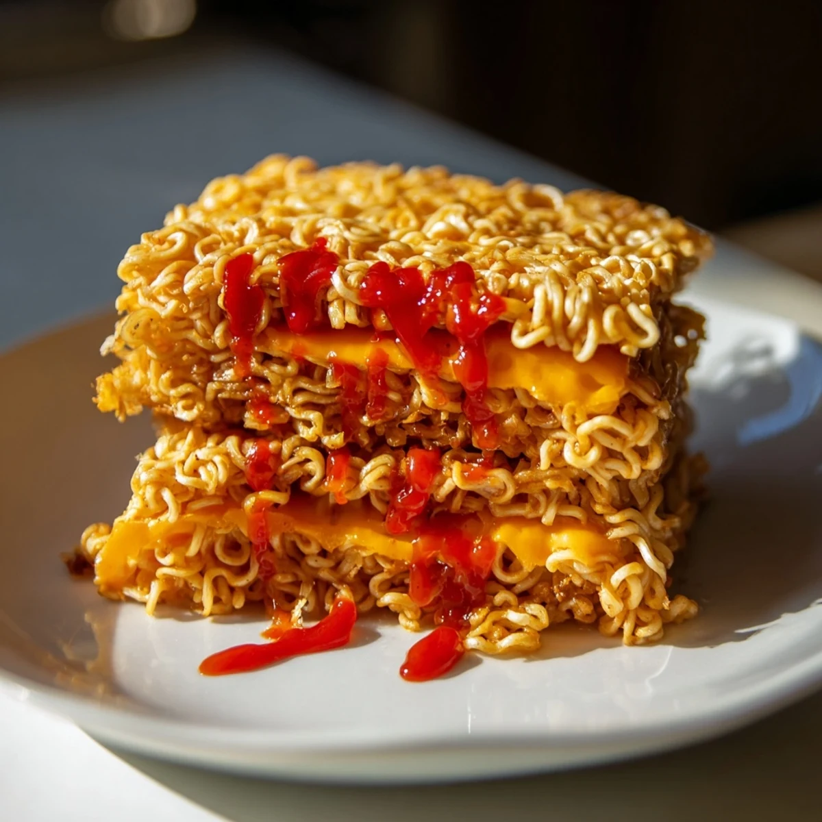 A close-up of a delicious, cheesy Instant Ramen Grilled Cheese, ready to be sliced and enjoyed immediately.