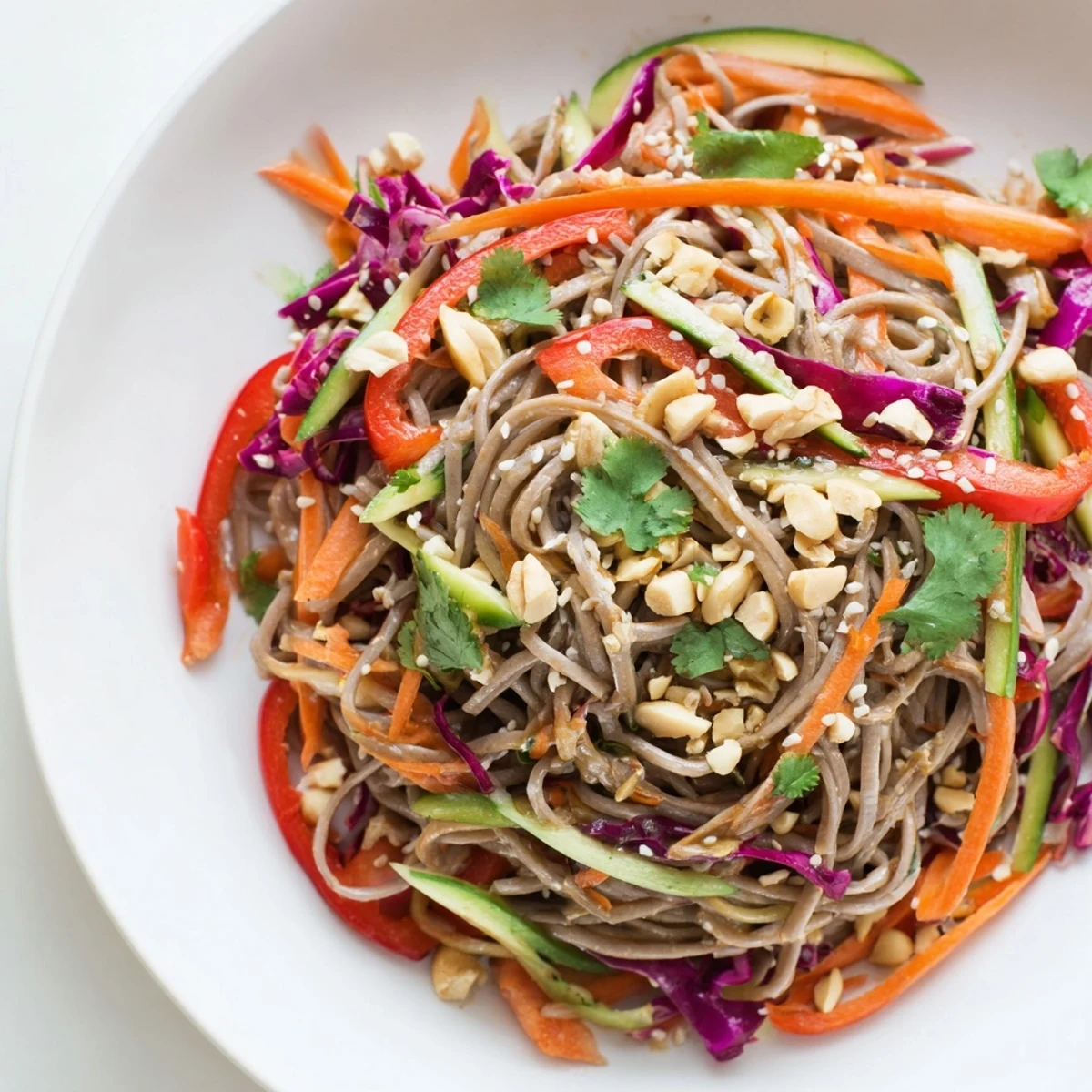 Vibrant image of Cold Noodle Salad piled high, seasoned with sesame-ginger dressing, perfect for summer.