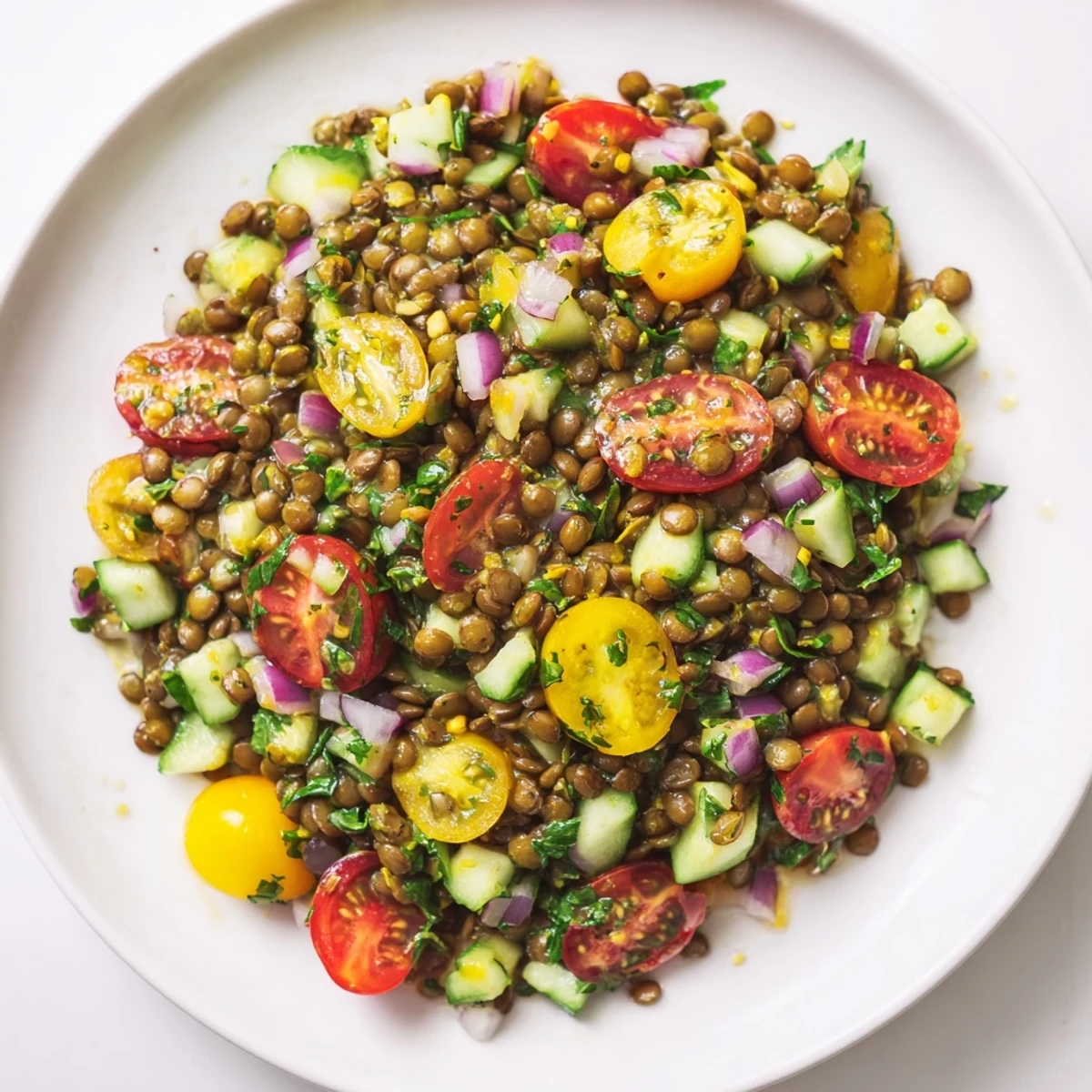 Fresh lentil salad bursting with color, drizzled with tangy vinaigrette, perfect for a light lunch.