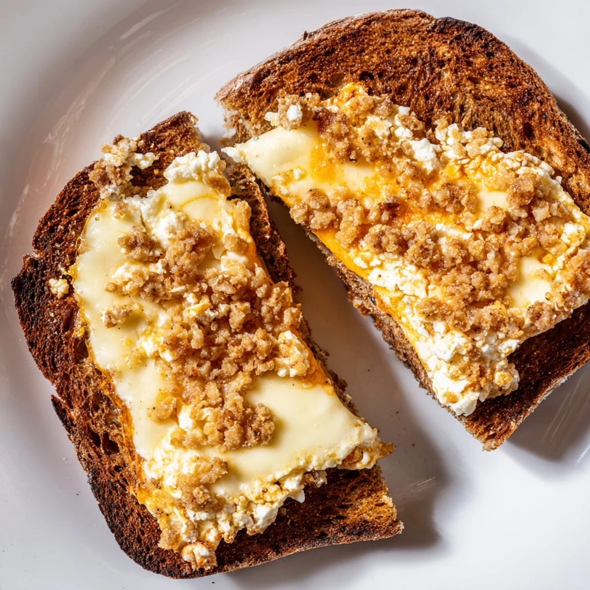 Golden, crispy feta fried eggs atop melted cheese in this decadent Feta Fried Eggs Grilled Cheese.