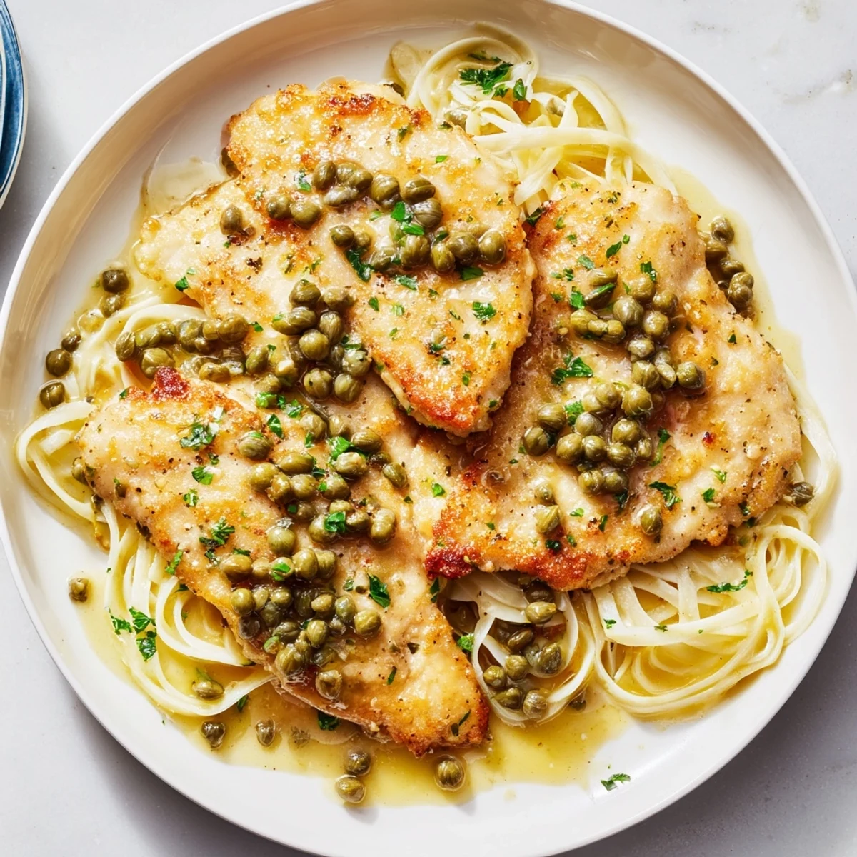 A close-up of Quick Chicken Piccata Pasta: perfectly cooked chicken with a vibrant lemon sauce.