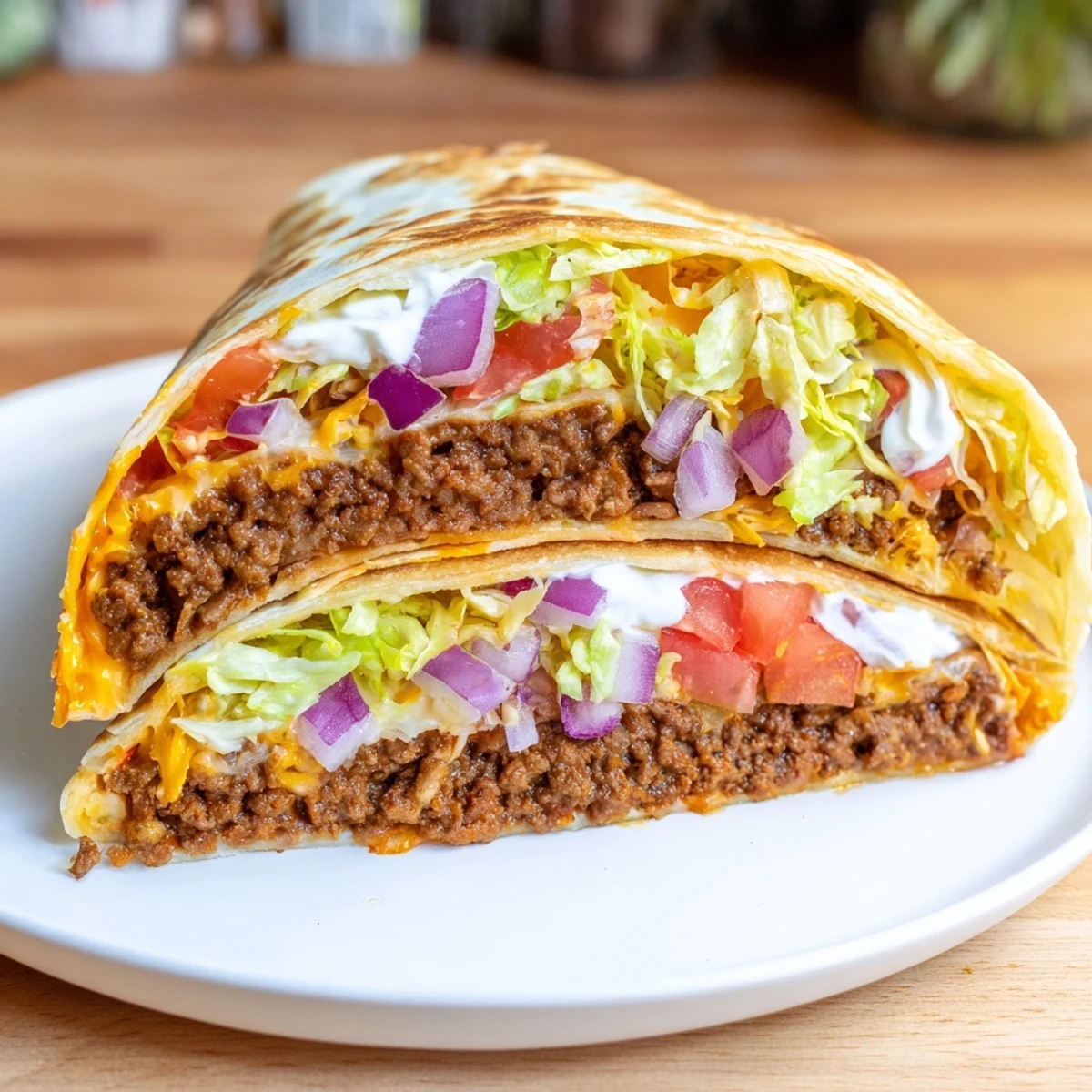 A close-up shot of a homemade Taco Bell Crunchwrap Supreme, ready to eat, with all the delicious components.