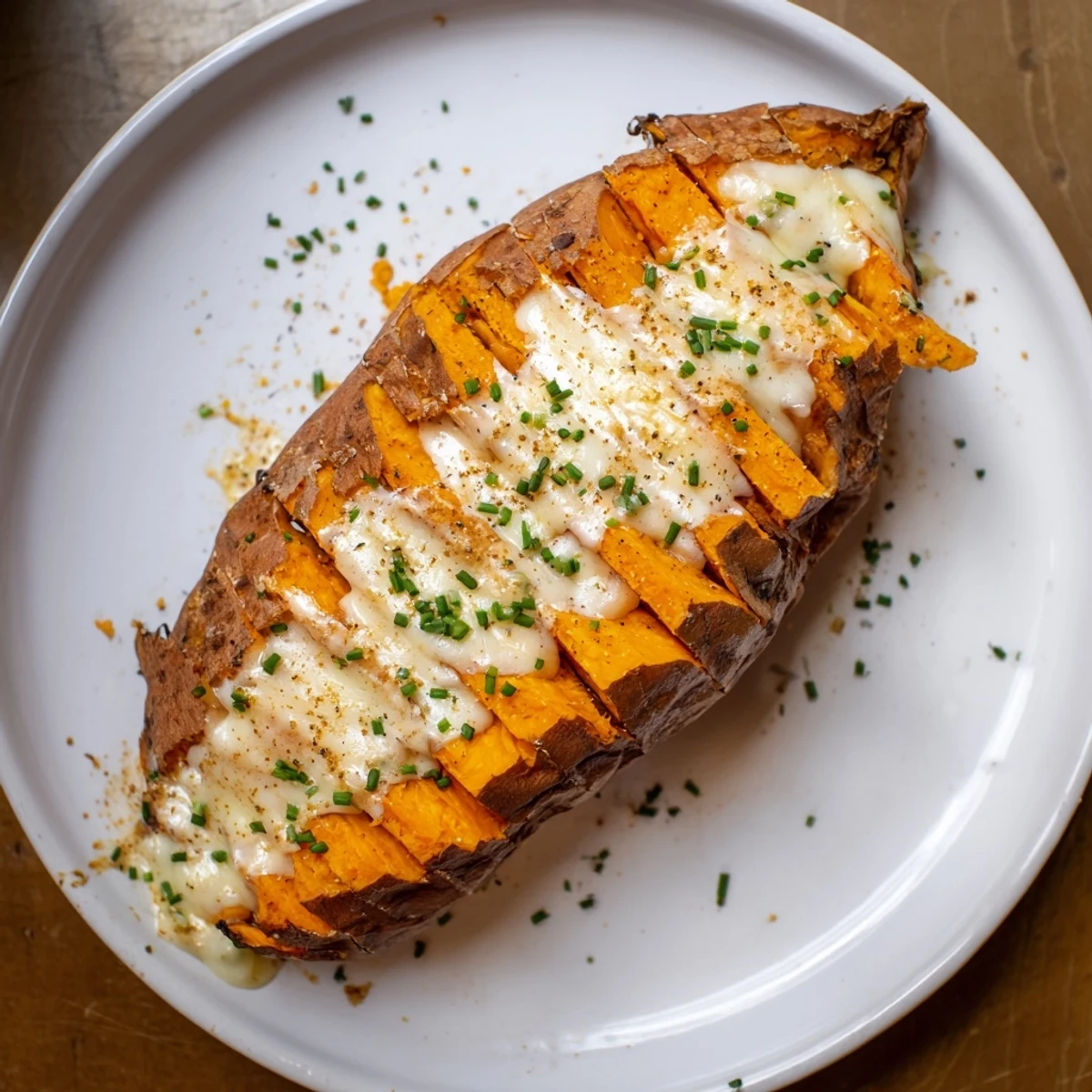 Golden, bubbly Sweet Potato & Cheese Whole Roast with herbs, ready for a comforting vegetarian dinner.