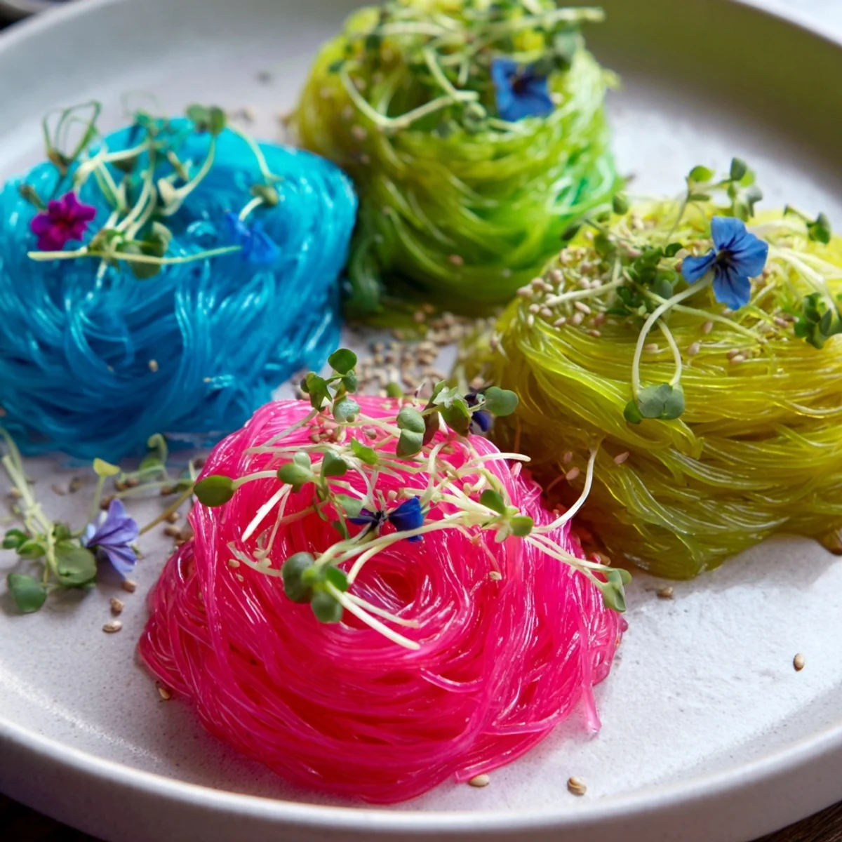 Vibrant neon noodle clouds, served chilled with a savory dipping sauce, look utterly delicious.
