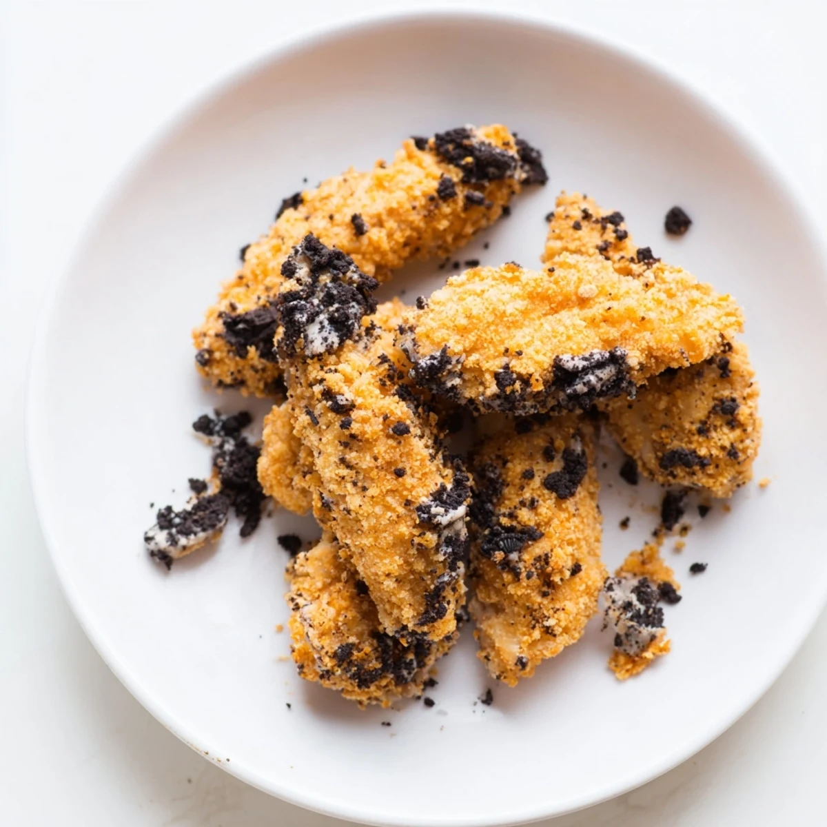 Crispy, sweet Oreo-coated KFC-style fried chicken tenders, ready for dipping and delicious enjoyment.