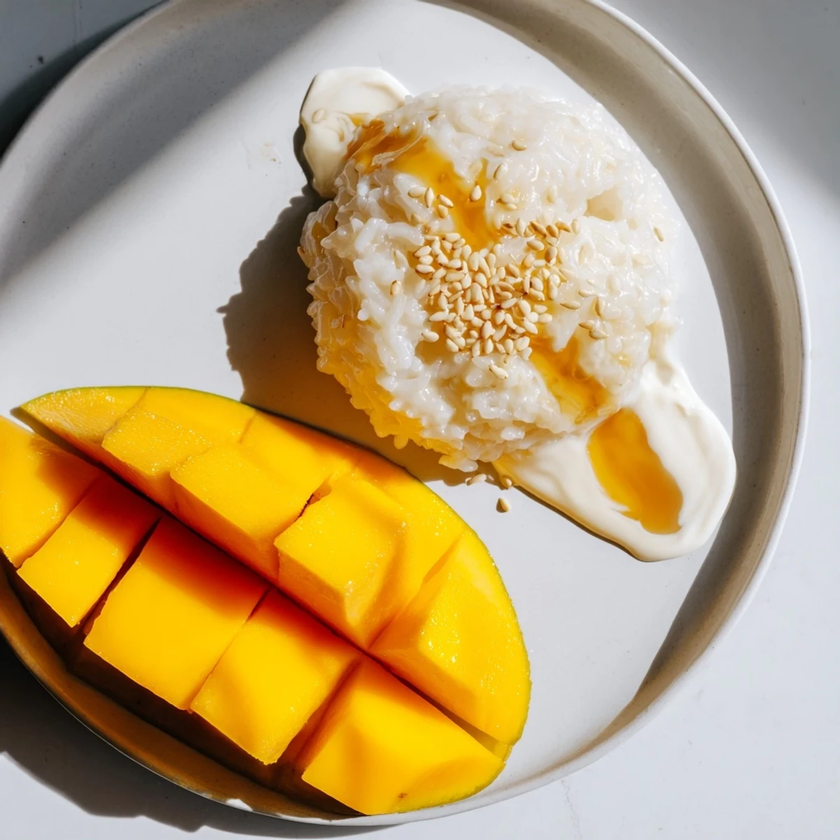 Golden slices of ripe mango alongside creamy coconut Thai Mango Sticky Rice, ready to serve.
