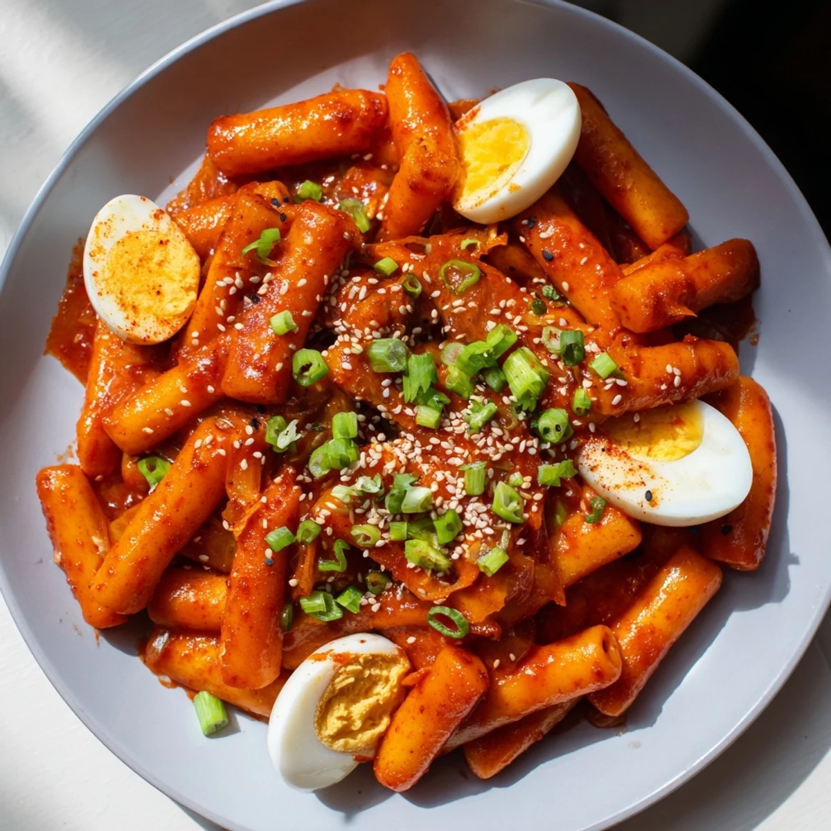Steaming plate of Korean Tteokbokki, featuring chewy rice cakes glistening in vibrant red gochujang sauce.