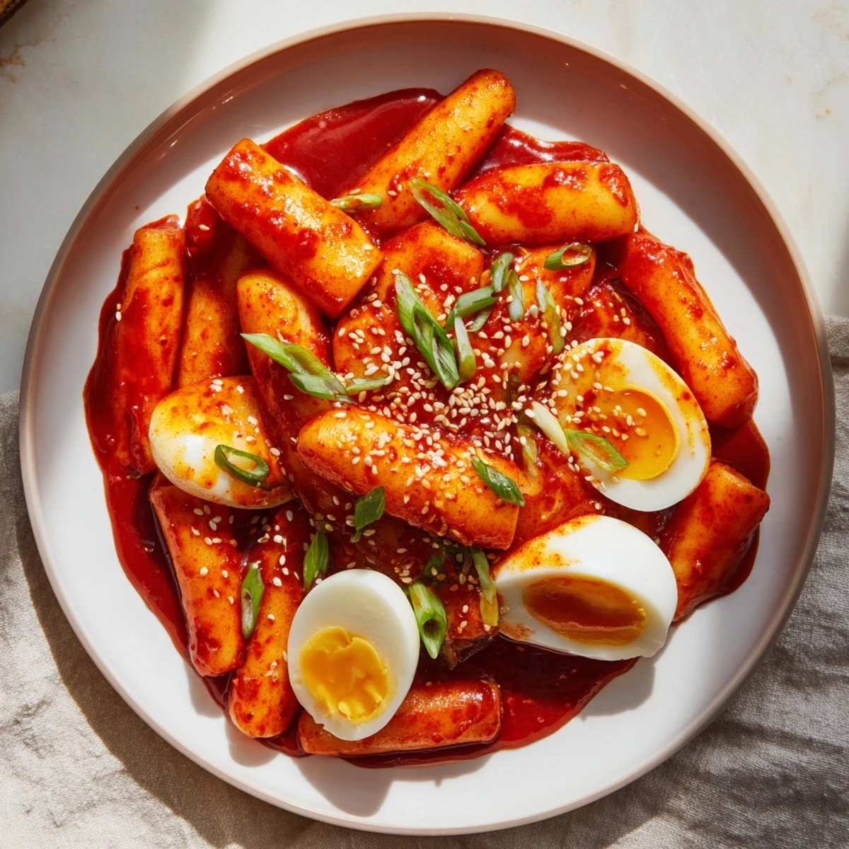 A close-up of Korean Tteokbokki offering tender rice cakes, boiled eggs, and savory vegetables, ready to enjoy.
