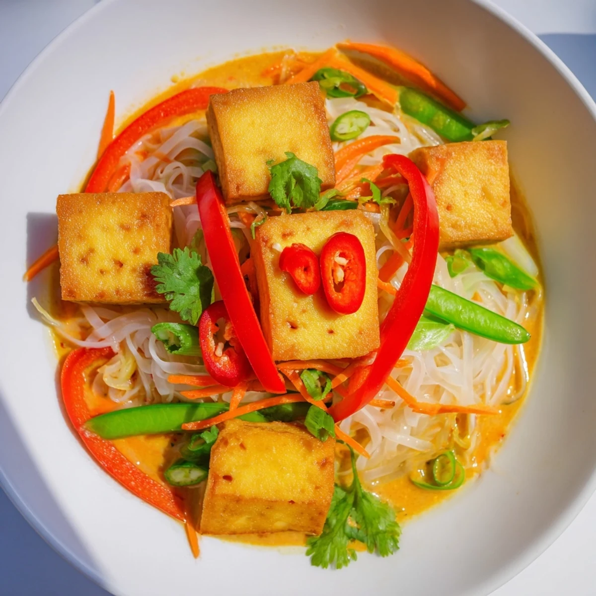Steaming bowl of Malaysian Laksa Curry with bright vegetables and fragrant coconut broth described.