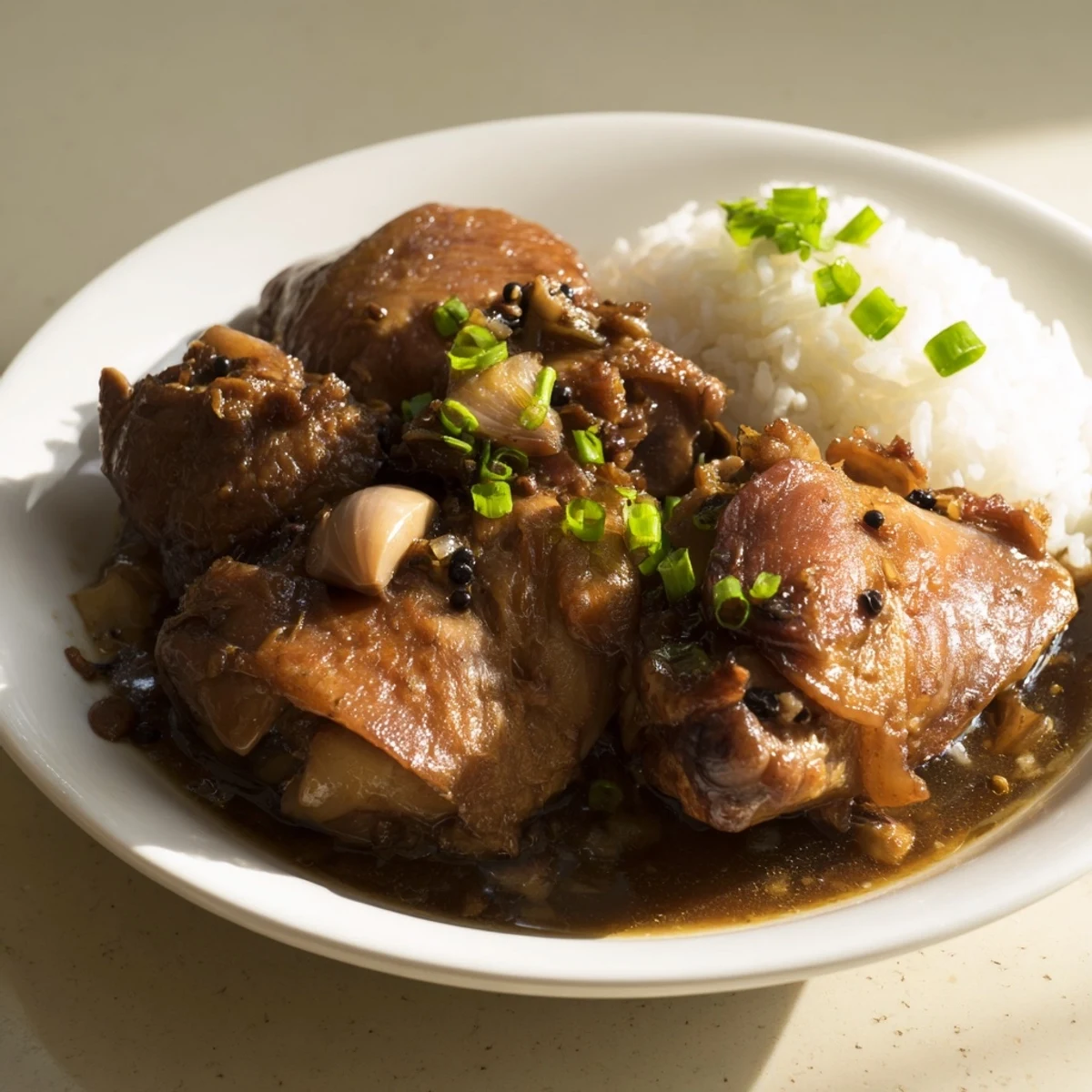 A close-up of delicious Filipino Chicken Adobo, highlighting the juicy, fall-off-the-bone chicken pieces.
