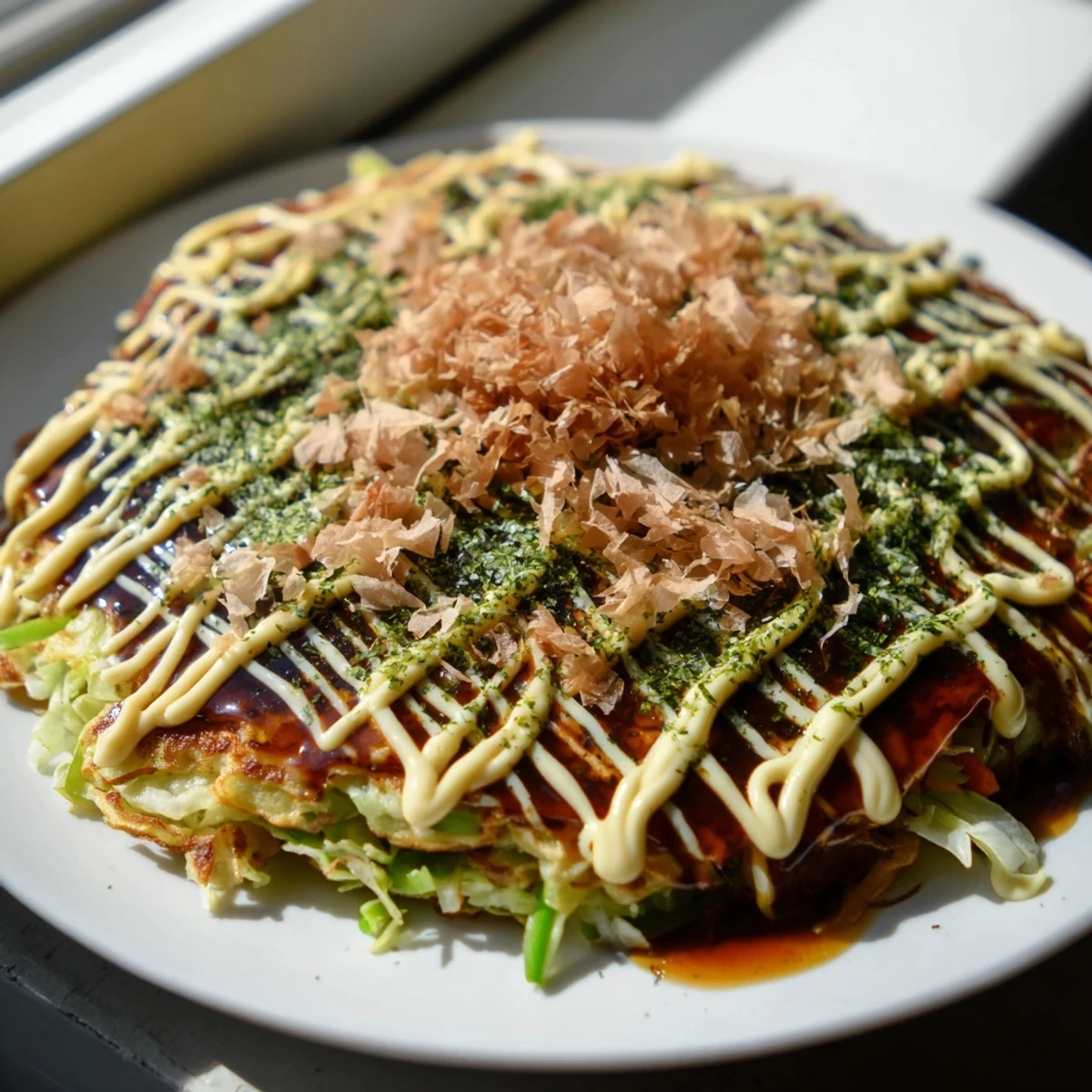 Savory toppings coat a fluffy Japanese okonomiyaki pancake; bonito flakes dance next to the drizzled sauce.